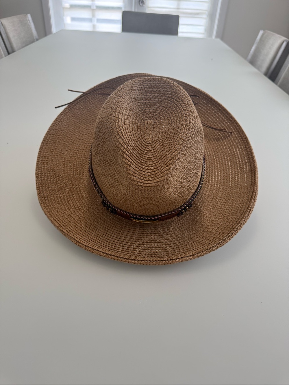 Source Unknown Brown Wide-Brim Straw Hat with Braided Band